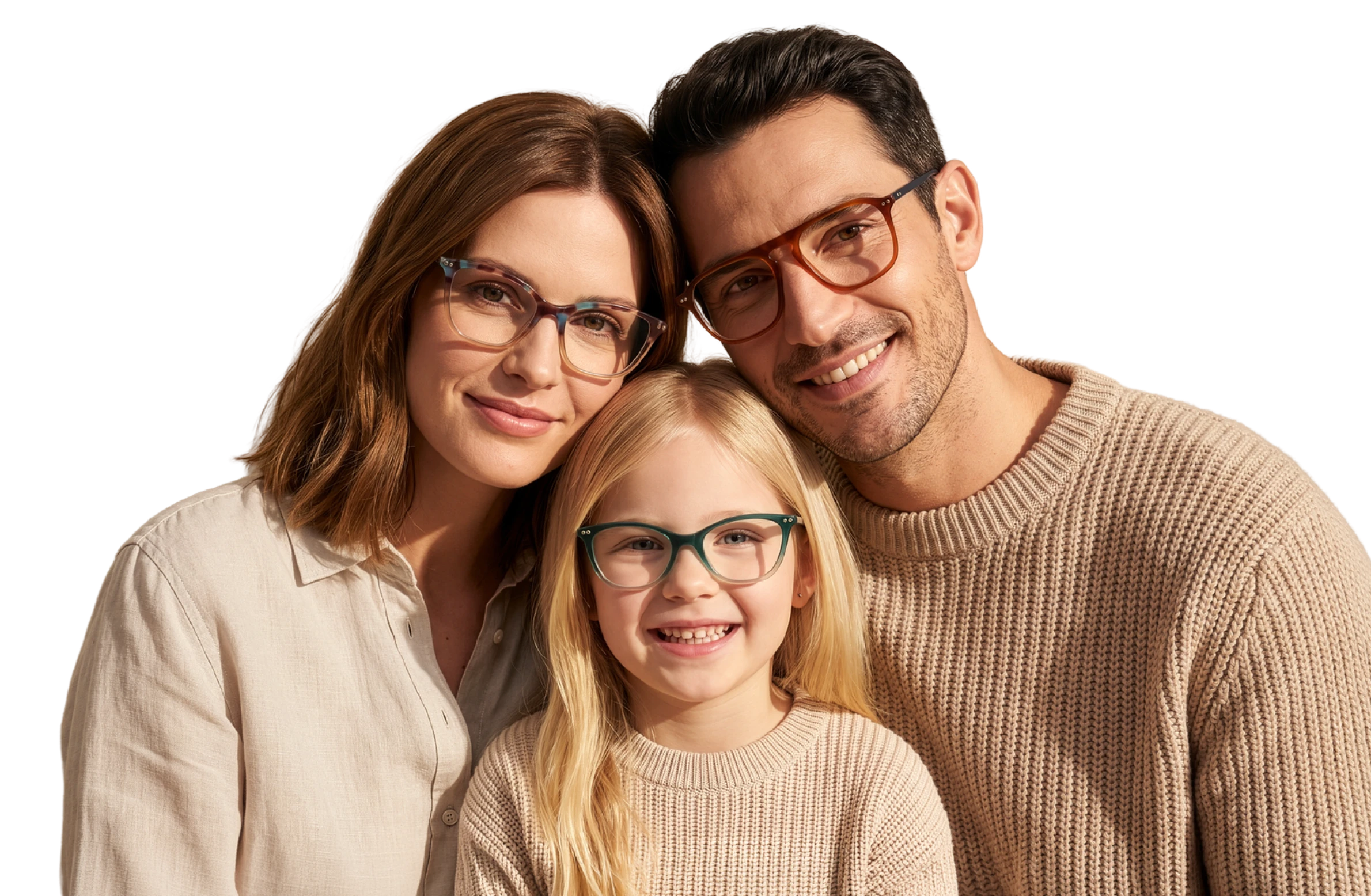 Family of three - a man, woman and a little girl - and posing for a photo against a white background